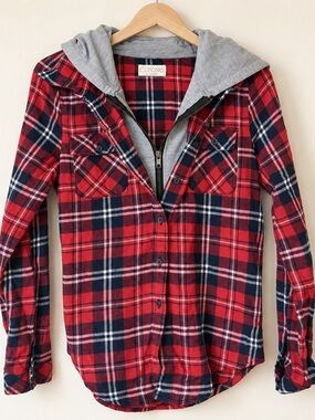 Ci Sono Red Navy Plaid Hooded Utility Jacket